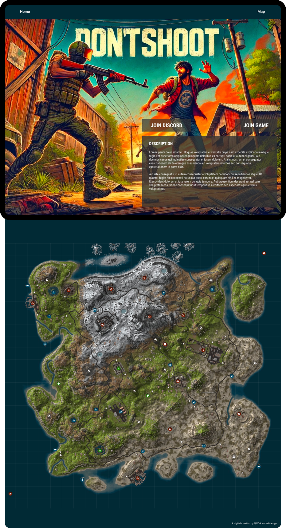 Full desktop view of the 'DON'T SHOOT' website with vibrant action-packed imagery, interactive buttons, and a detailed game map displayed below.